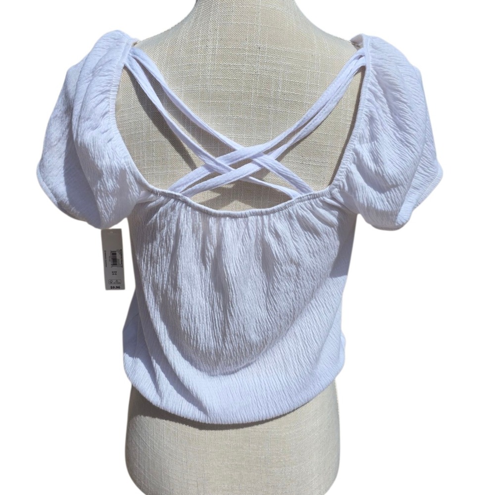 White Button Front Top Square Neck Short Sleeve Blouse NWT Small - Picture 2 of 3
